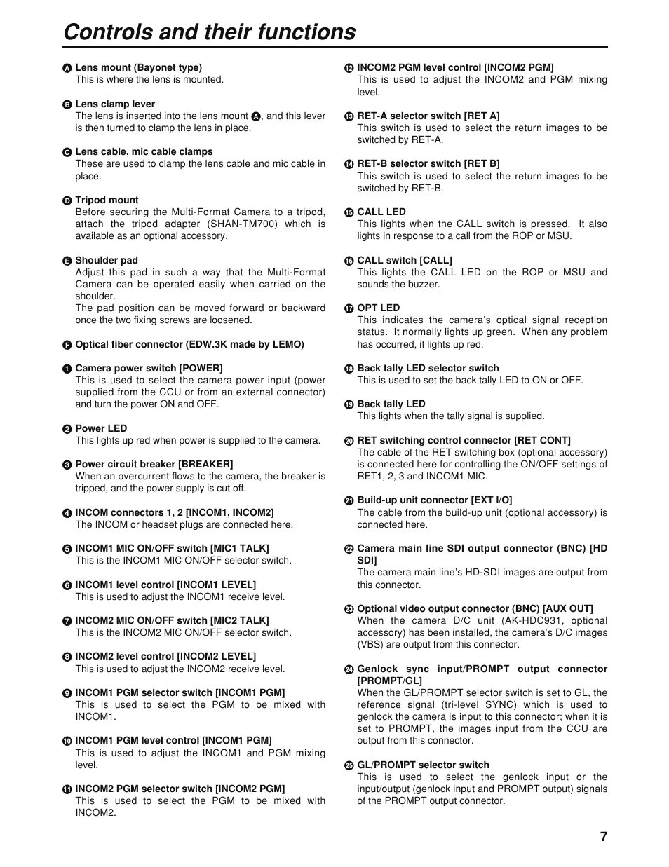 Controls and their functions | Panasonic AK-HC930P User Manual | Page 7 / 30