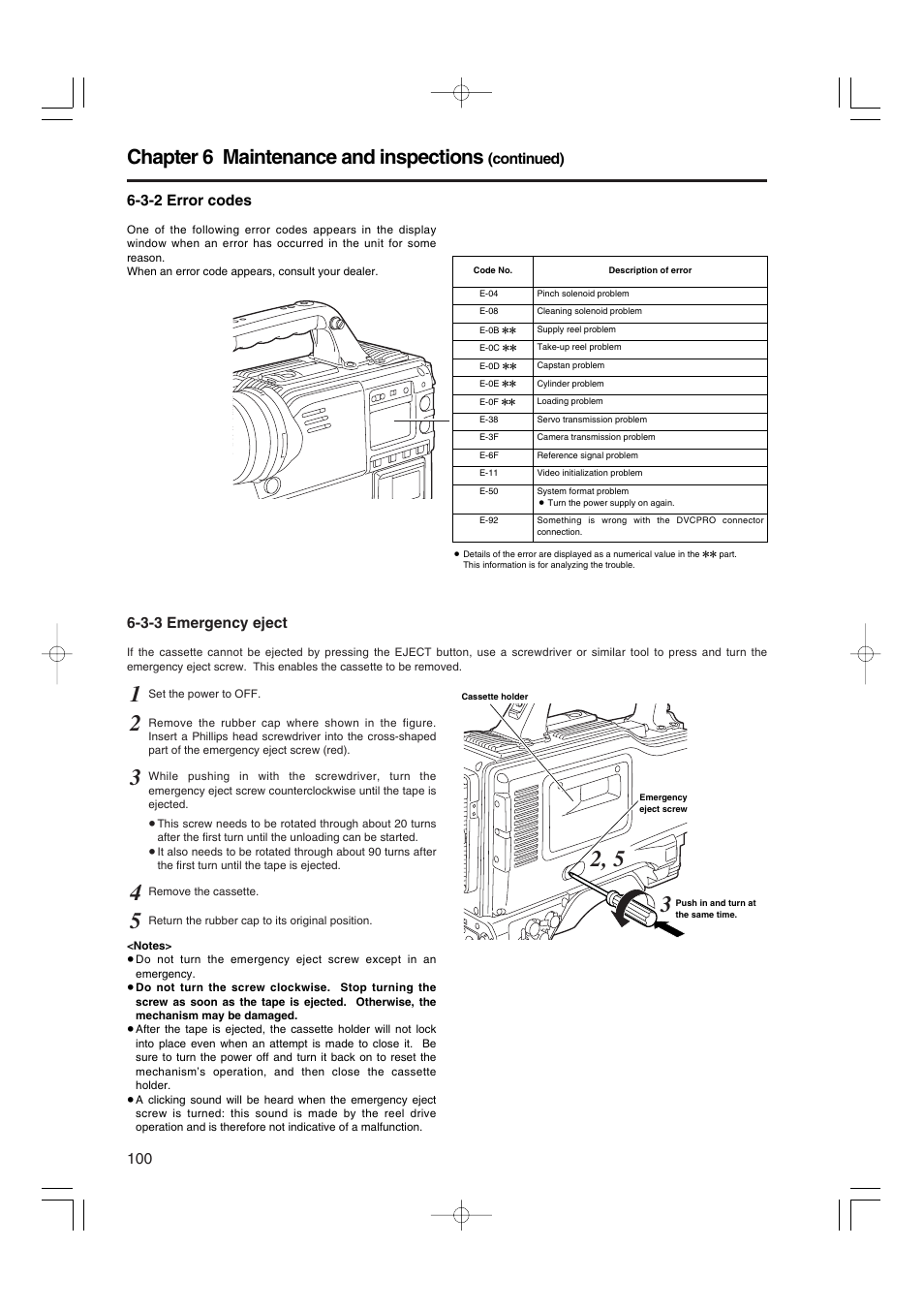 3-2 error codes, 3-3 emergency eject, Error codes | Emergency eject, Chapter 6 maintenance and inspections | Panasonic AJ-HDX900E User Manual | Page 100 / 134