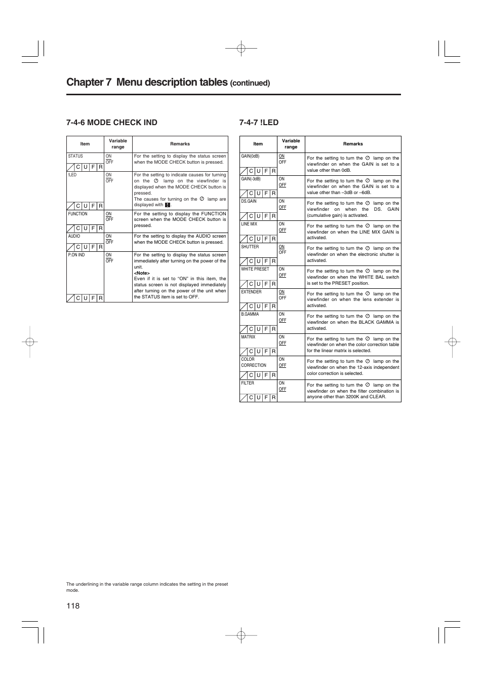 4-6 mode check ind, 4-7 !led, Mode check ind | Chapter 7 menu description tables, Continued) | Panasonic AJ-HDX900E User Manual | Page 118 / 134