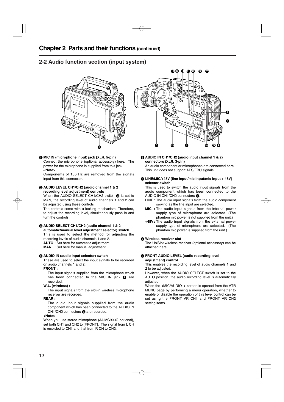 2 audio function section, Chapter 2 parts and their functions, Continued) | Panasonic AJ-HDX900E User Manual | Page 12 / 134