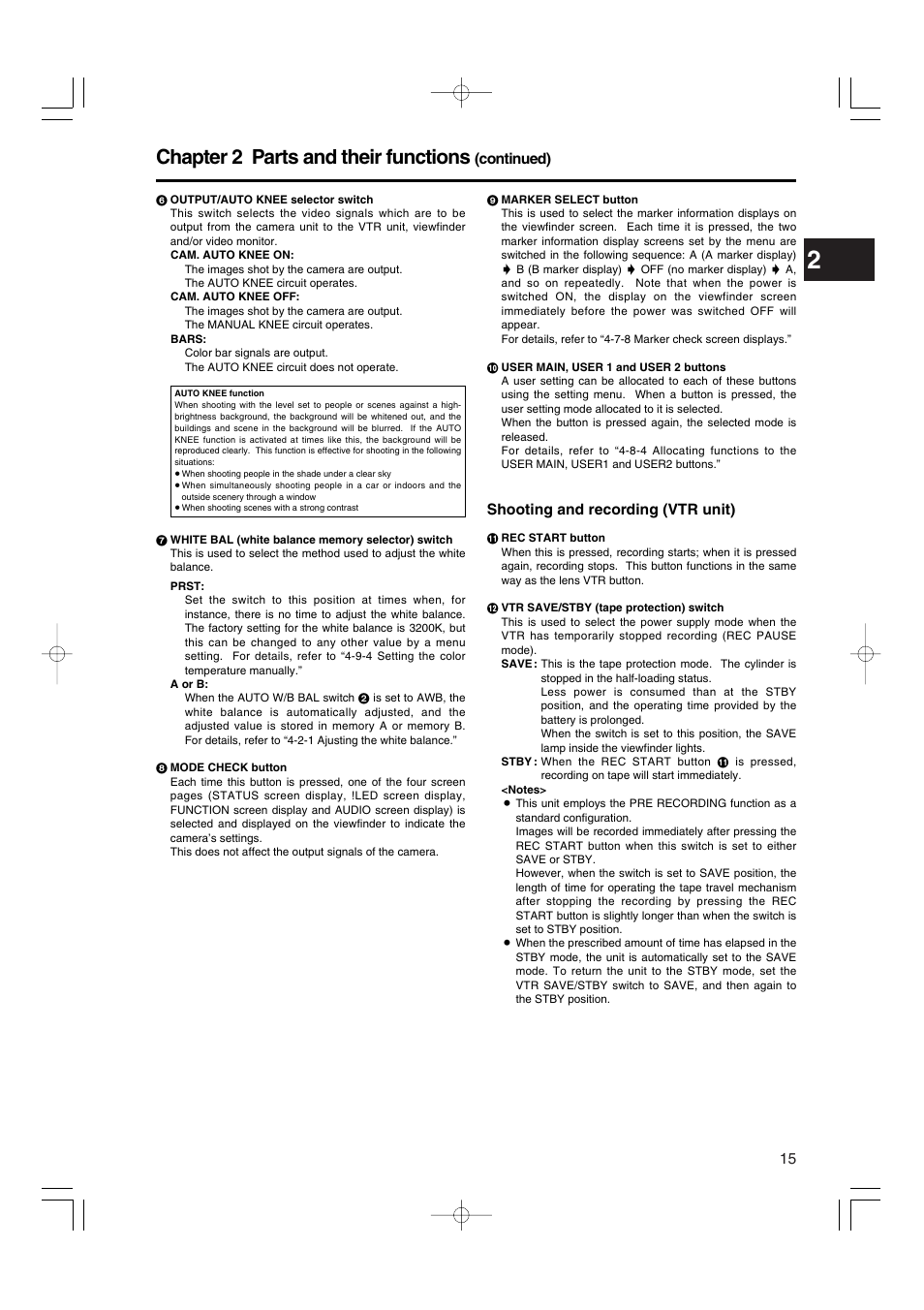 Chapter 2 parts and their functions, Shooting and recording (vtr unit), Continued) | Panasonic AJ-HDX900E User Manual | Page 15 / 134