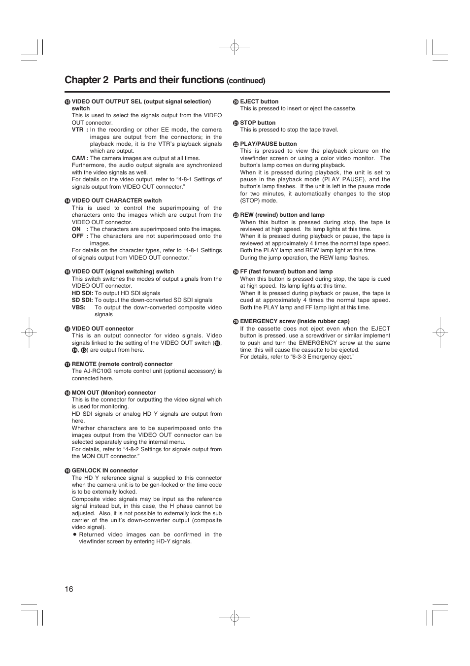 Chapter 2 parts and their functions, Continued) | Panasonic AJ-HDX900E User Manual | Page 16 / 134