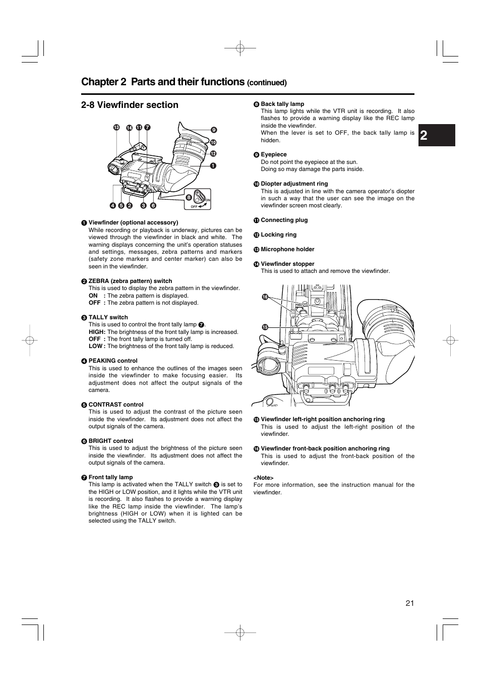 8 viewfinder section, Chapter 2 parts and their functions | Panasonic AJ-HDX900E User Manual | Page 21 / 134