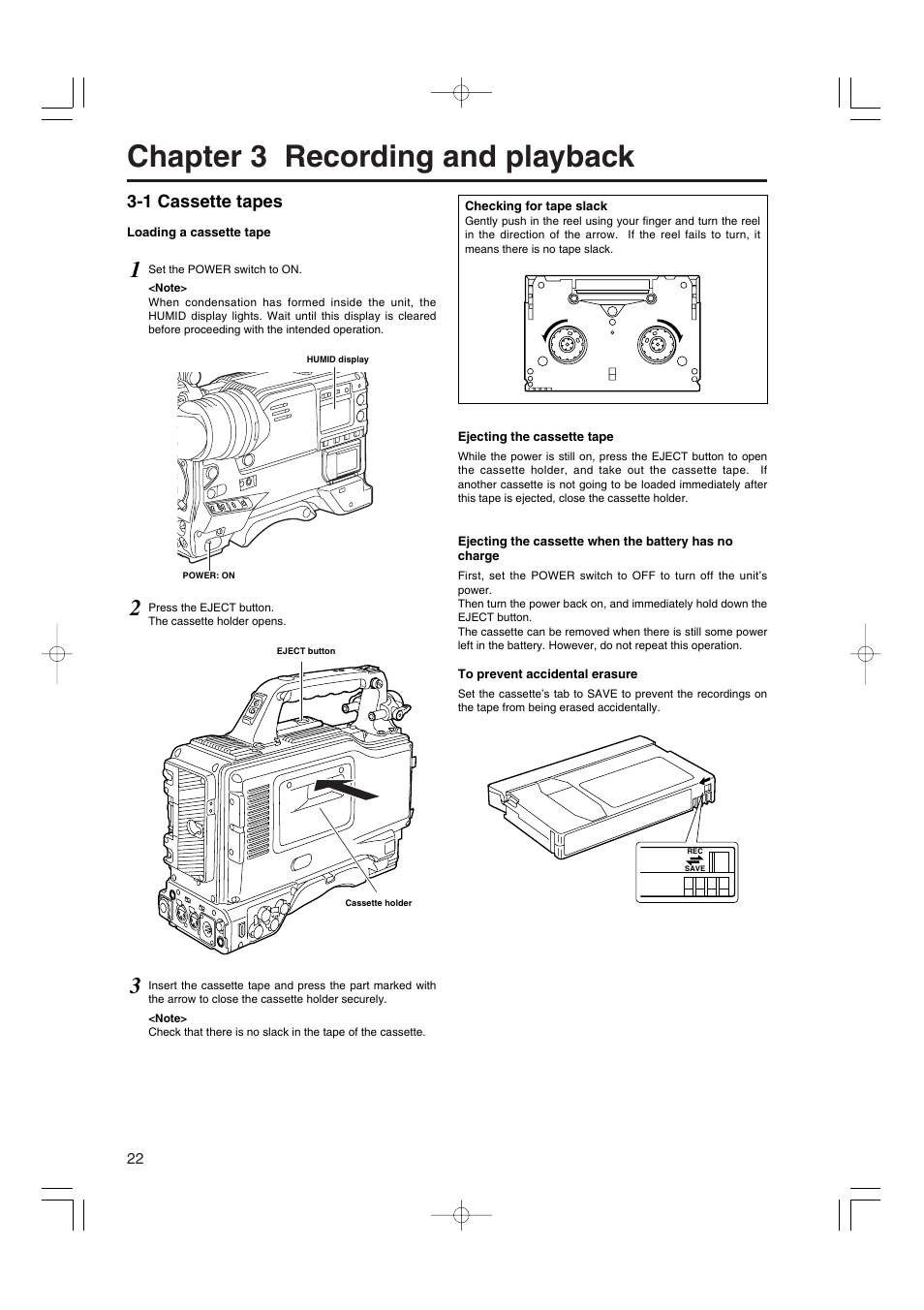 Chapter 3 recording and playback, 1 cassette tapes | Panasonic AJ-HDX900E User Manual | Page 22 / 134
