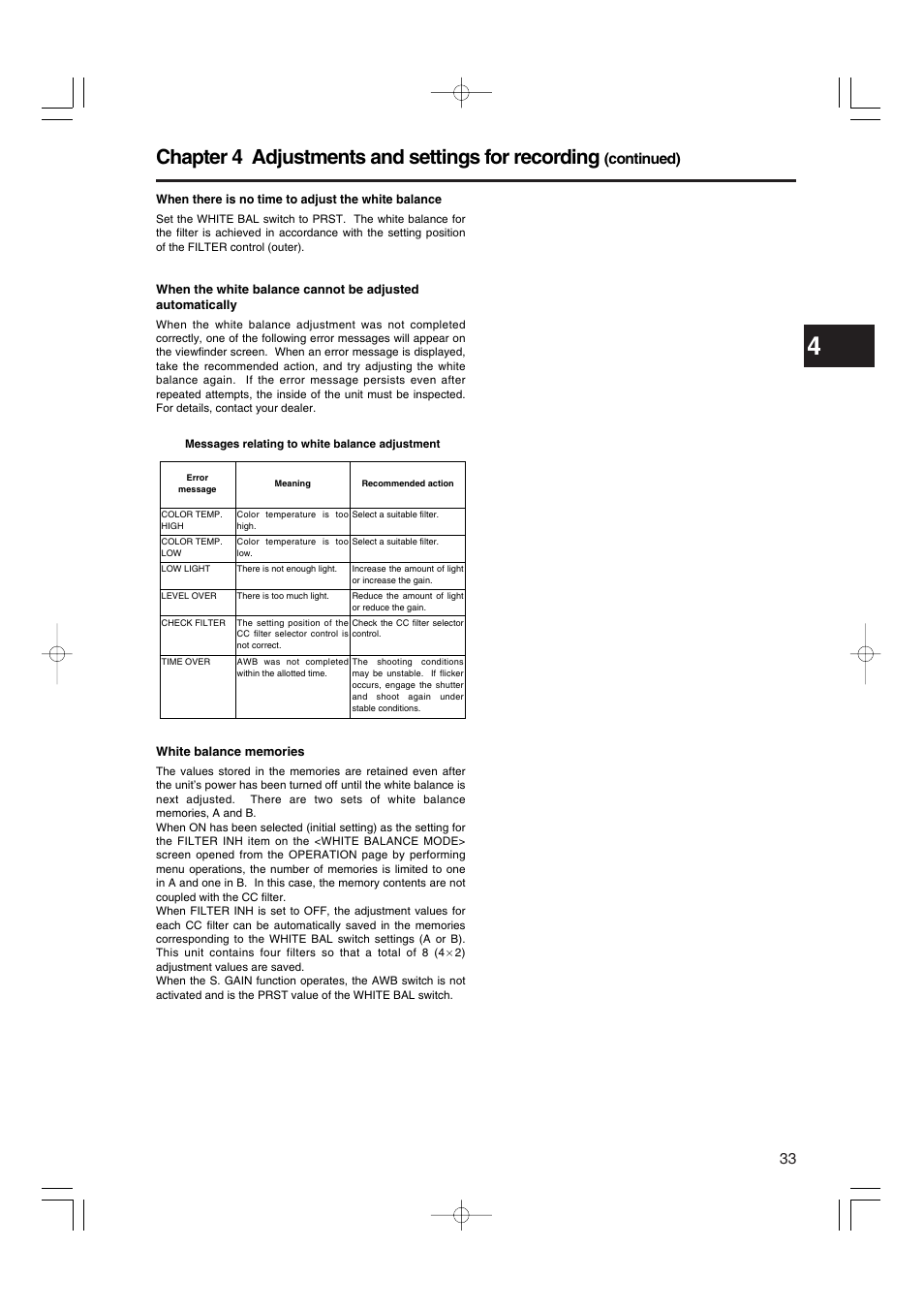Chapter 4 adjustments and settings for recording, Continued) | Panasonic AJ-HDX900E User Manual | Page 33 / 134