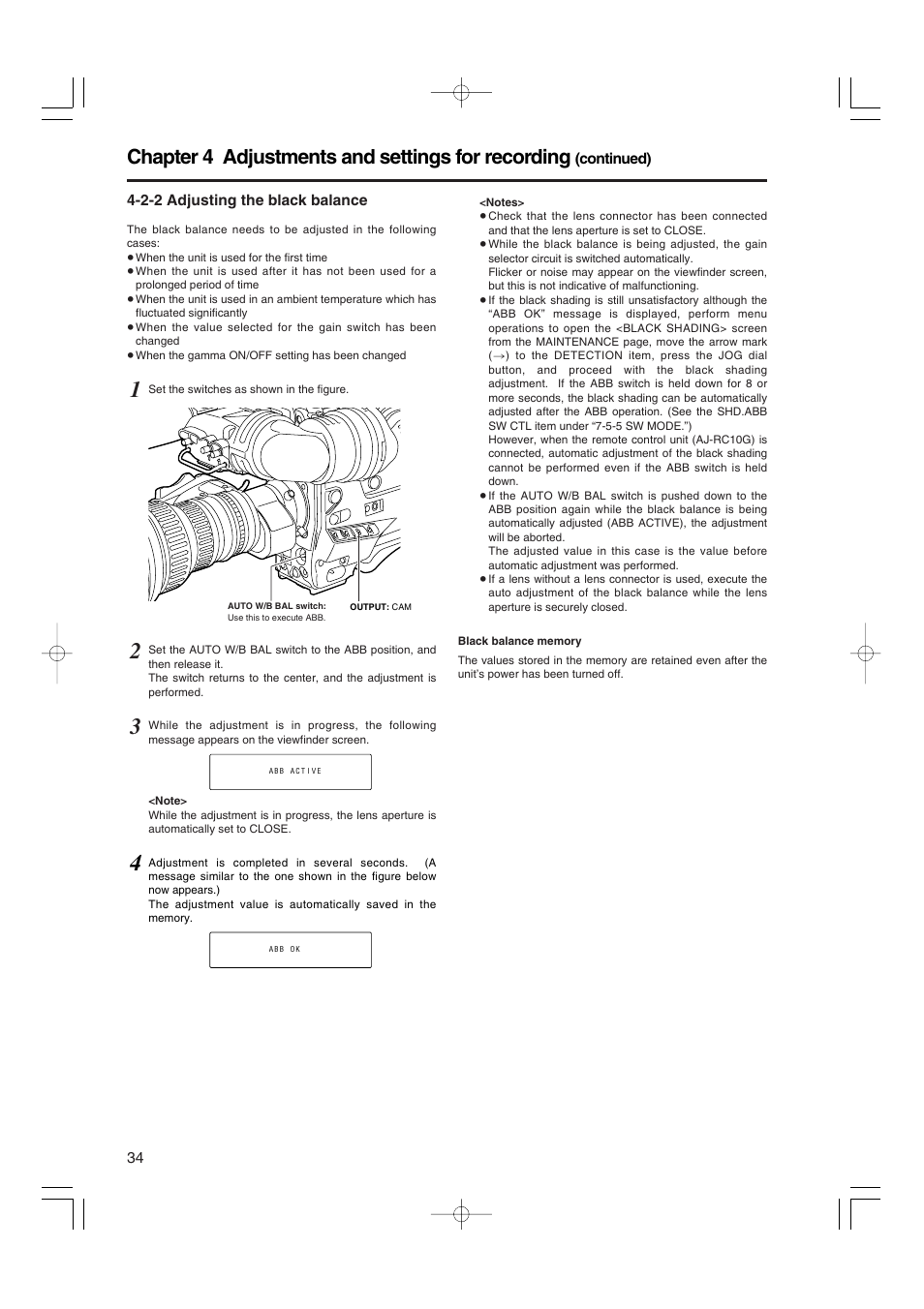 2-2 adjusting the black balance, Adjusting the black balance, Chapter 4 adjustments and settings for recording | Panasonic AJ-HDX900E User Manual | Page 34 / 134