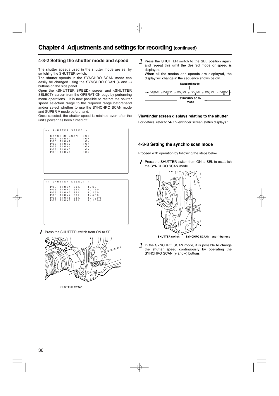 3-2 setting the shutter mode and speed, 3-3 setting the synchro scan mode, Setting the shutter mode and speed | Setting the synchro scan mode, Chapter 4 adjustments and settings for recording, Continued) | Panasonic AJ-HDX900E User Manual | Page 36 / 134