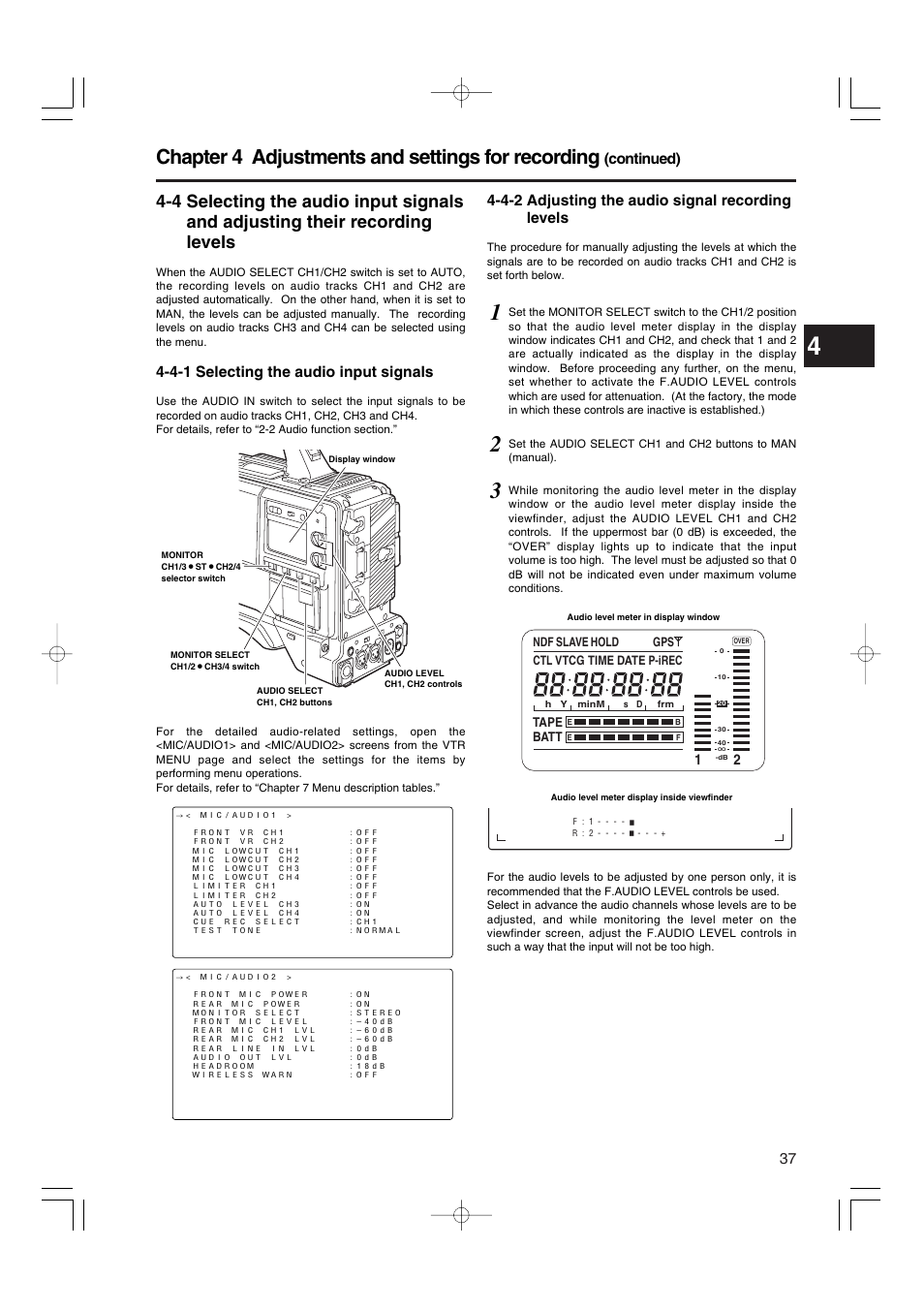 4-1 selecting the audio input signals, 4-2 adjusting the audio signal recording levels, 4 selecting the audio input signals and | Adjusting their recording levels, Selecting the audio input signals, Adjusting the audio signal recording levels, Chapter 4 adjustments and settings for recording, Continued) | Panasonic AJ-HDX900E User Manual | Page 37 / 134