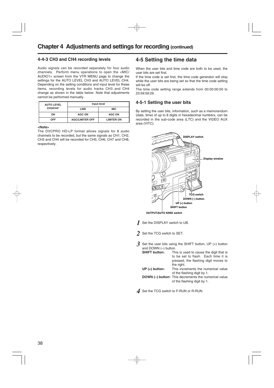 4-3 ch3 and ch4 recording levels, 5 setting the time data, 5-1 setting the user bits | Ch3 and ch4 recording levels, Setting the user bits, Chapter 4 adjustments and settings for recording | Panasonic AJ-HDX900E User Manual | Page 38 / 134