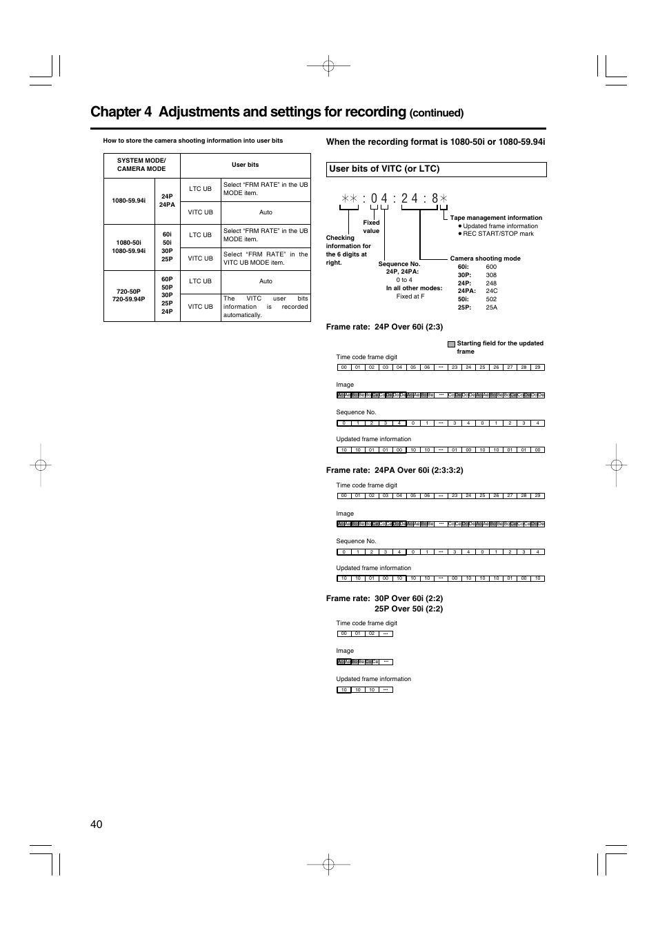 Chapter 4 adjustments and settings for recording, Continued) | Panasonic AJ-HDX900E User Manual | Page 40 / 134