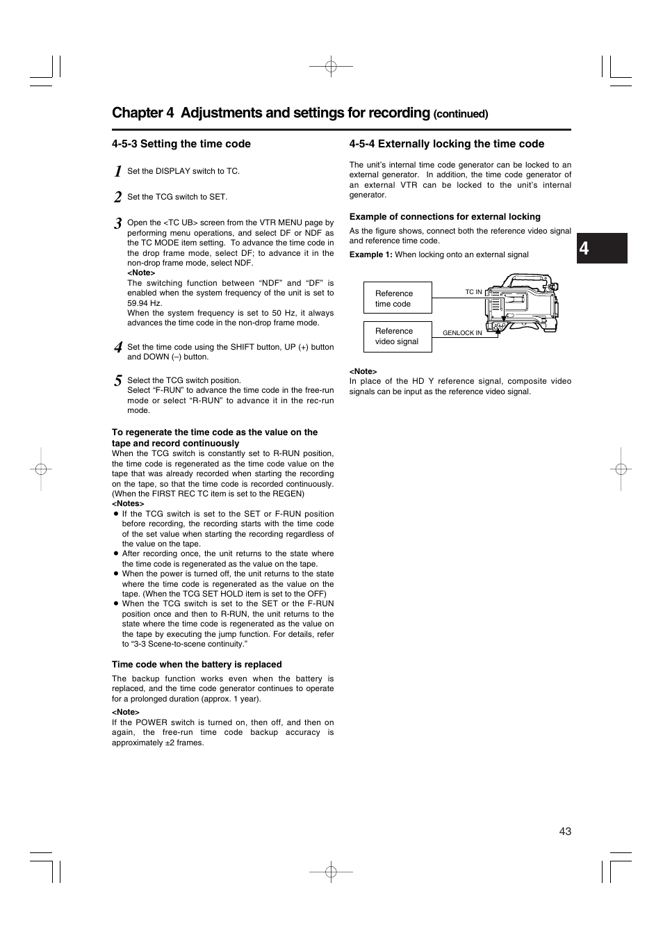 5-3 setting the time code, 5-4 externally locking the time code, Setting the time code | Externally locking the time code, Chapter 4 adjustments and settings for recording | Panasonic AJ-HDX900E User Manual | Page 43 / 134