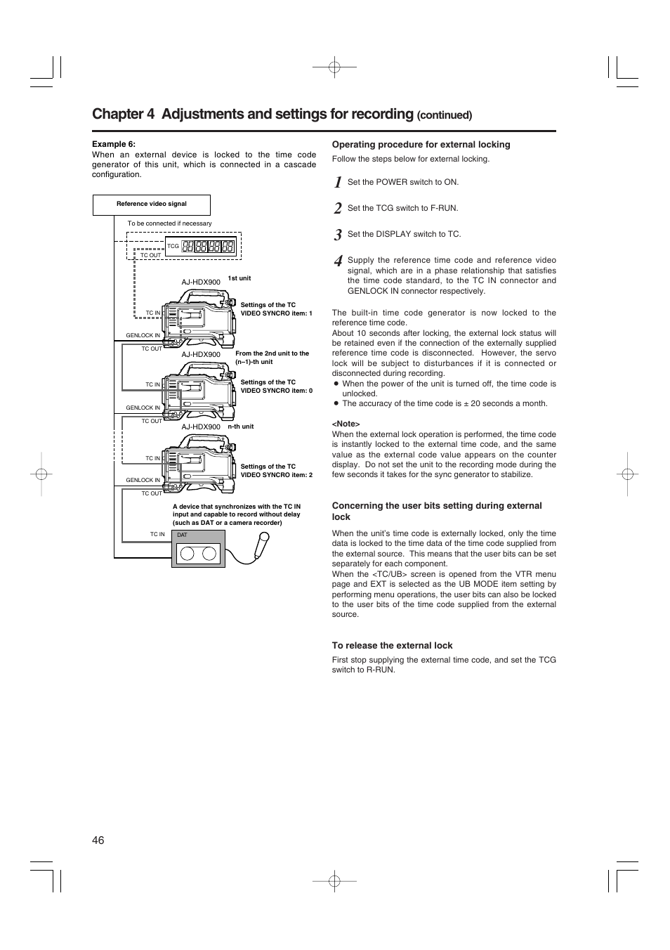 Chapter 4 adjustments and settings for recording, Continued) | Panasonic AJ-HDX900E User Manual | Page 46 / 134
