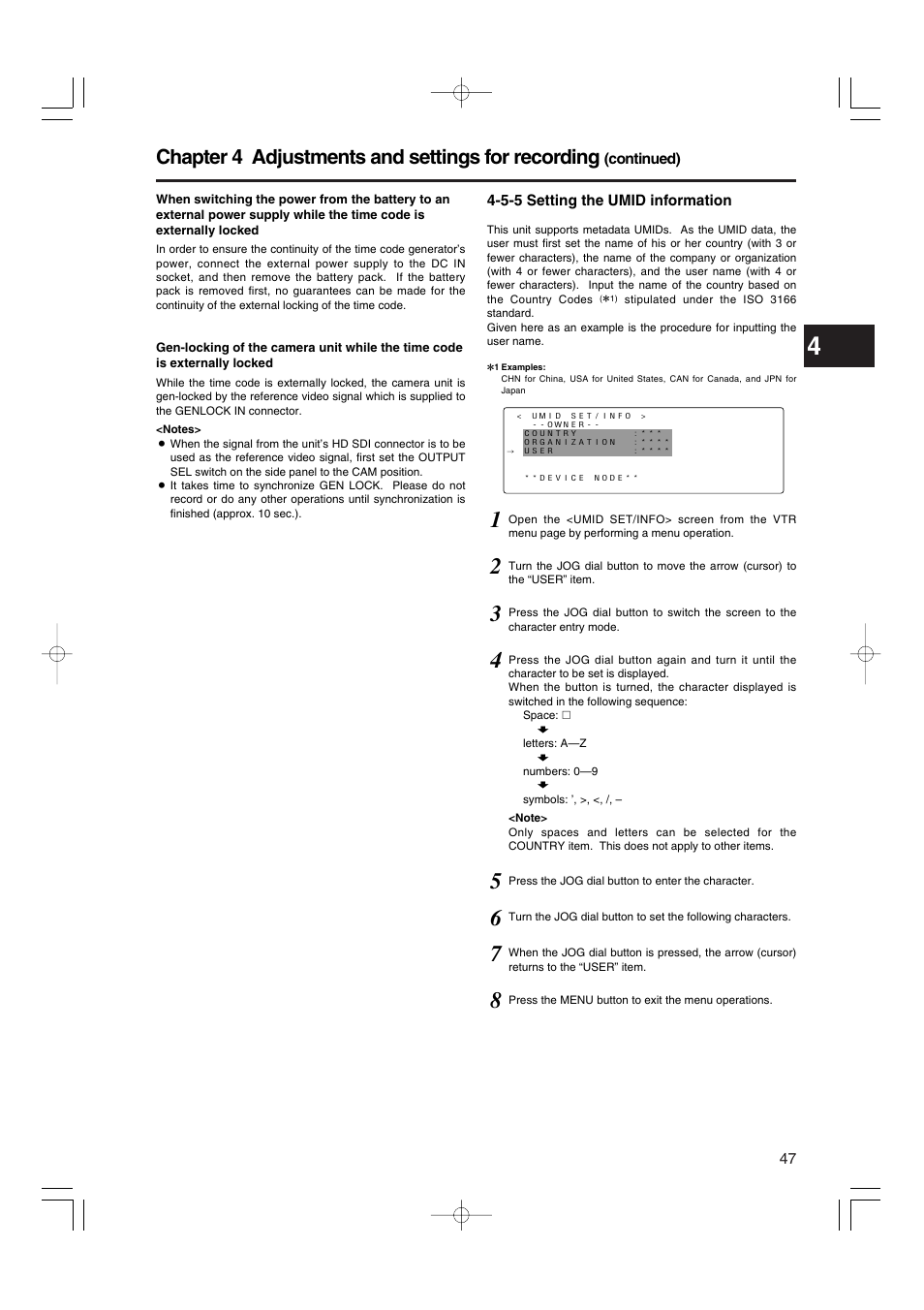 5-5 setting the umid information, Setting the umid information, Chapter 4 adjustments and settings for recording | Panasonic AJ-HDX900E User Manual | Page 47 / 134