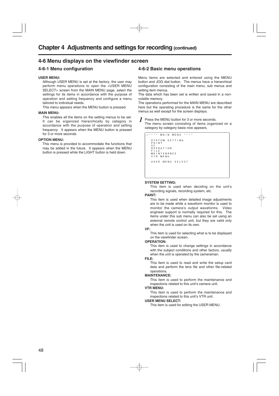 6 menu displays on the viewfinder screen, 6-1 menu configuration, 6-2 basic menu operations | Menu configuration, Basic menu operations, Chapter 4 adjustments and settings for recording | Panasonic AJ-HDX900E User Manual | Page 48 / 134