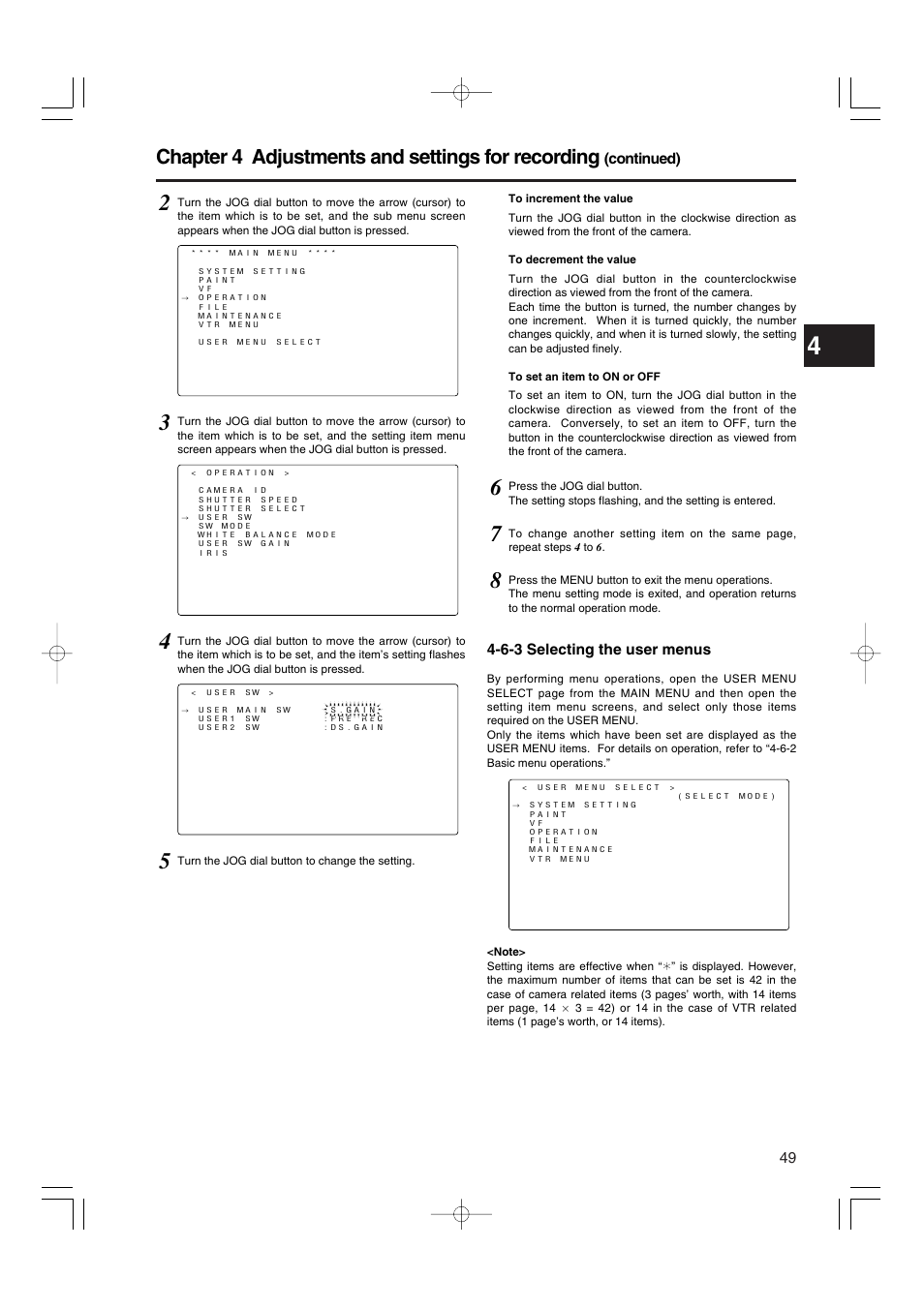 6-3 selecting the user menus, Selecting the user menus, Chapter 4 adjustments and settings for recording | Panasonic AJ-HDX900E User Manual | Page 49 / 134