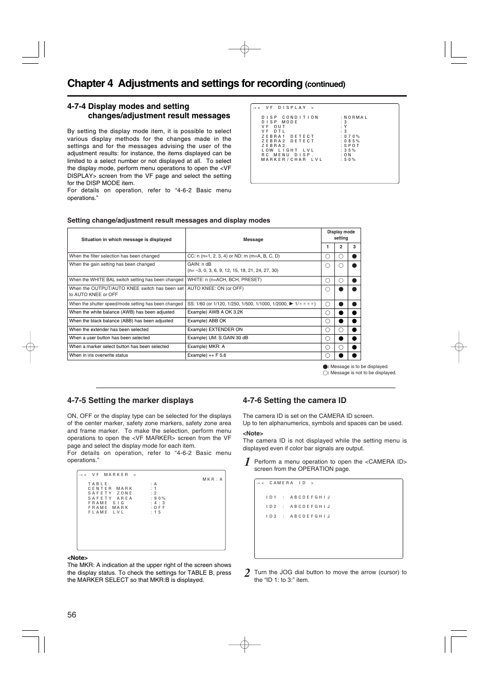 7-5 setting the marker displays, 7-6 setting the camera id, Setting the marker displays | Setting the camera id, Chapter 4 adjustments and settings for recording, Continued) | Panasonic AJ-HDX900E User Manual | Page 56 / 134