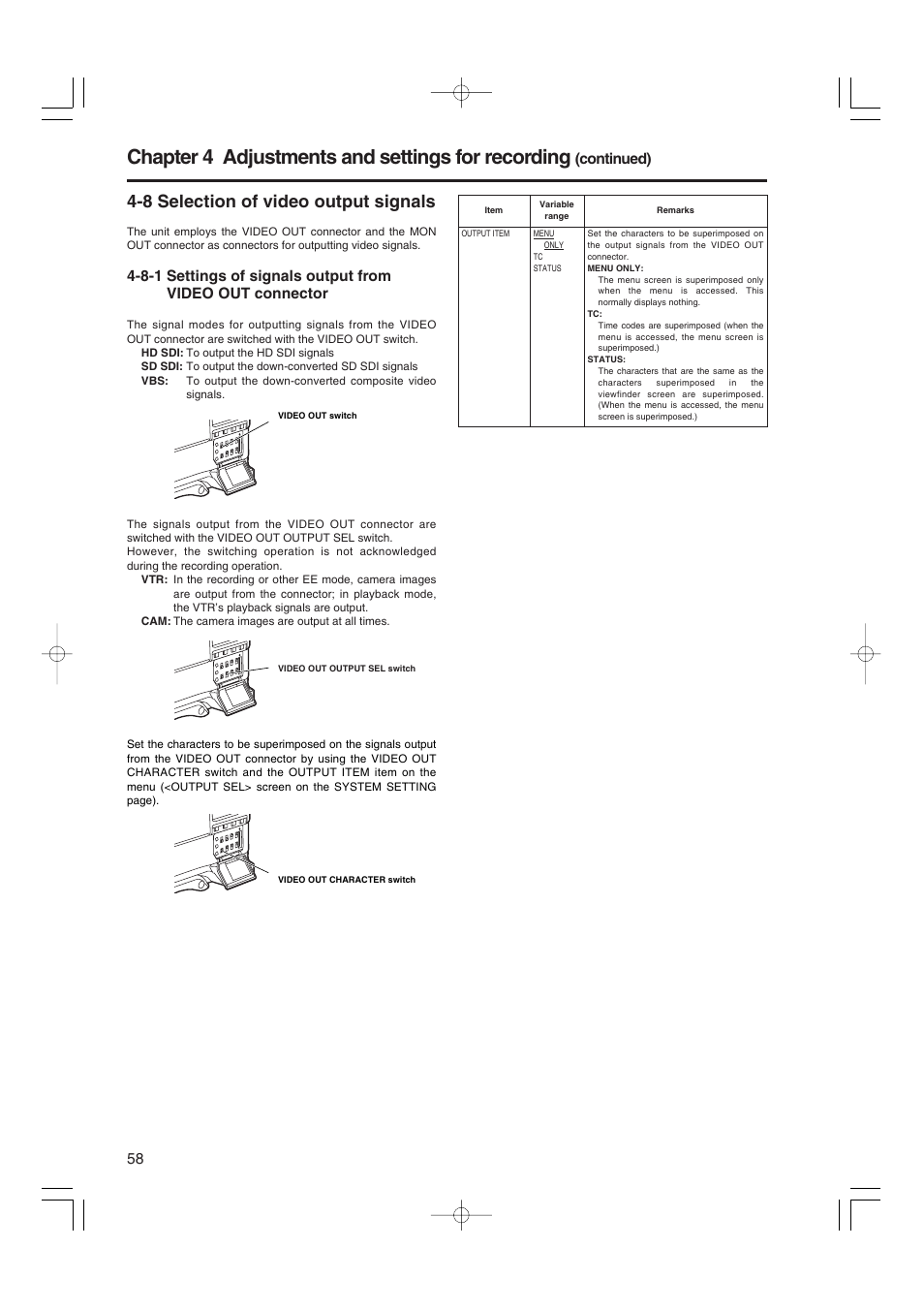 8 selection of video output signals, Chapter 4 adjustments and settings for recording, Continued) | Panasonic AJ-HDX900E User Manual | Page 58 / 134