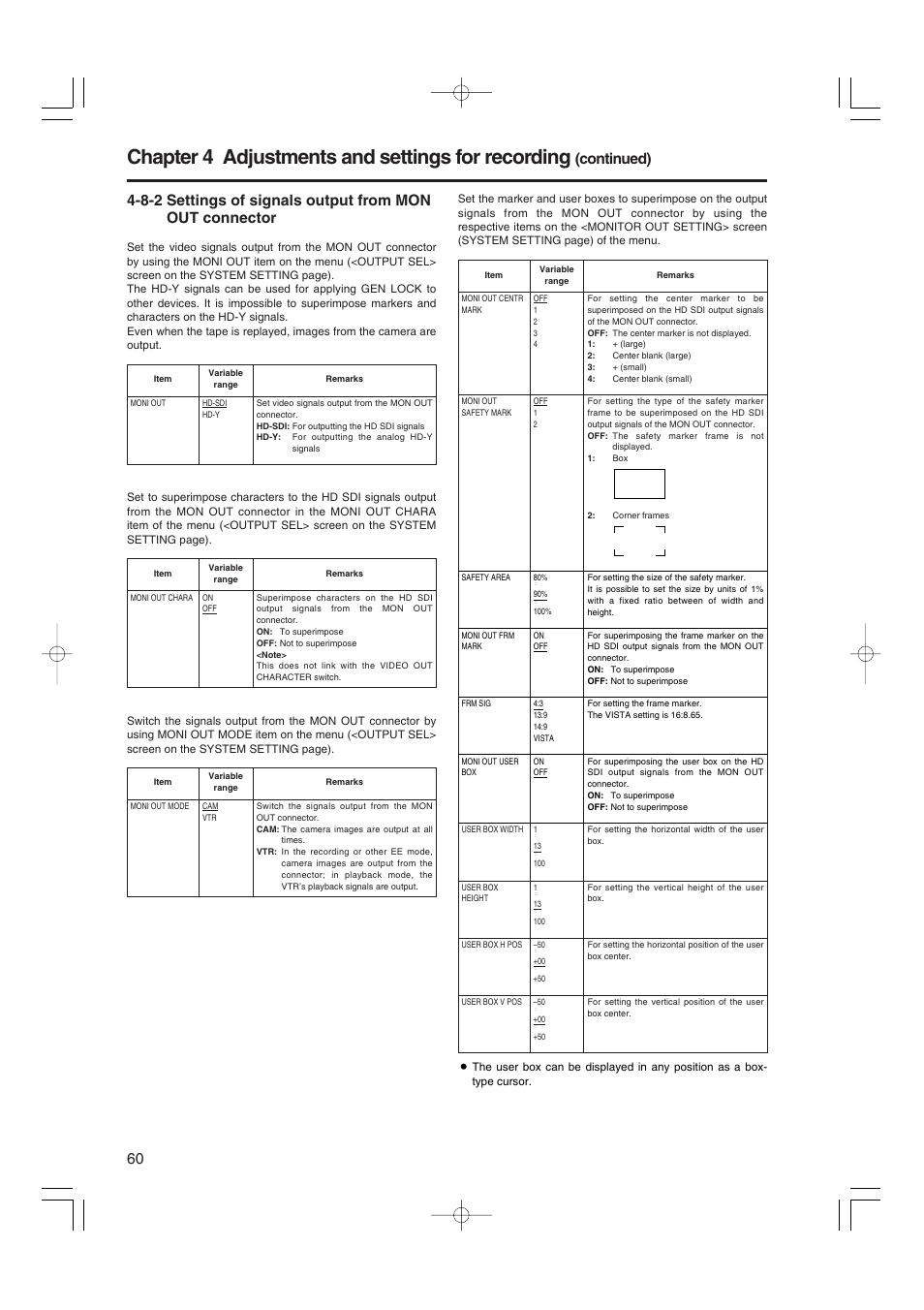 Settings of signals output from mon out connector, Chapter 4 adjustments and settings for recording, Continued) | Panasonic AJ-HDX900E User Manual | Page 60 / 134