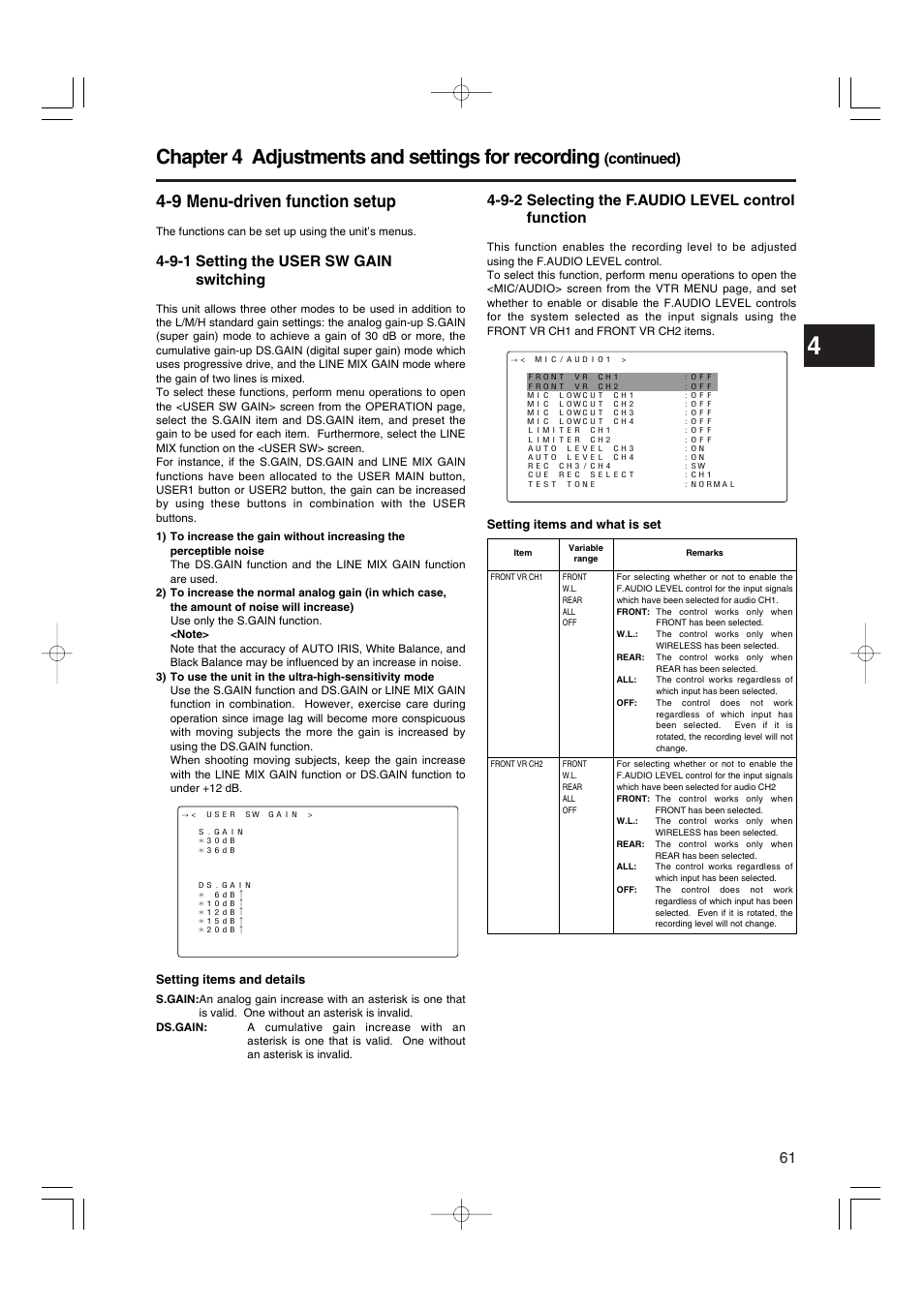 9 menu-driven function setup, 9-1 setting the user sw gain switching, 9-2 selecting the f.audio level control function | Setting the user sw gain switching, Selecting the f.audio level control function, Chapter 4 adjustments and settings for recording, Continued) | Panasonic AJ-HDX900E User Manual | Page 61 / 134