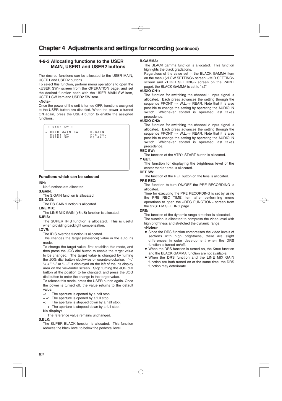Chapter 4 adjustments and settings for recording, Continued) | Panasonic AJ-HDX900E User Manual | Page 62 / 134