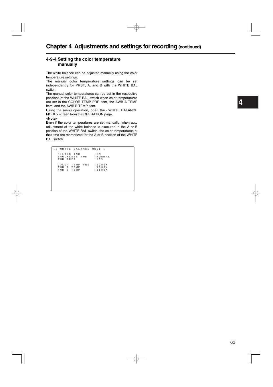 9-4 setting the color temperature manually, Setting the color temperature manually, Chapter 4 adjustments and settings for recording | Panasonic AJ-HDX900E User Manual | Page 63 / 134