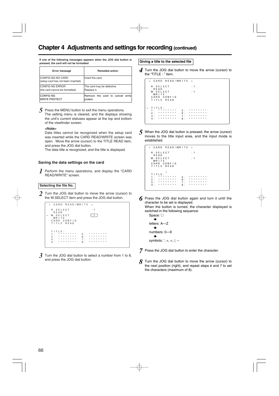 Chapter 4 adjustments and settings for recording, Continued) | Panasonic AJ-HDX900E User Manual | Page 66 / 134