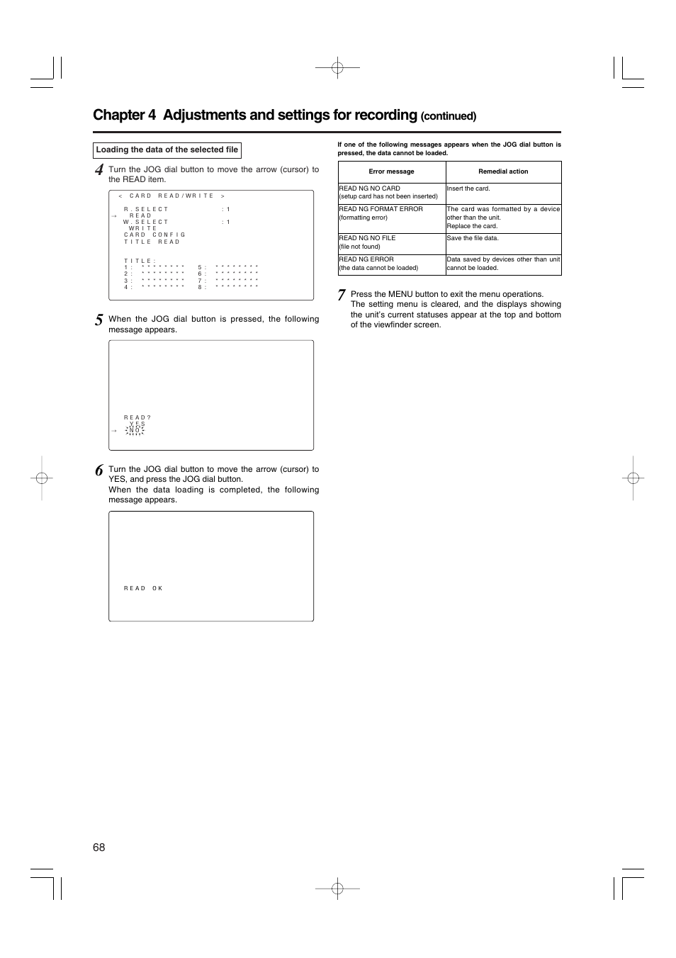 Chapter 4 adjustments and settings for recording, Continued) | Panasonic AJ-HDX900E User Manual | Page 68 / 134