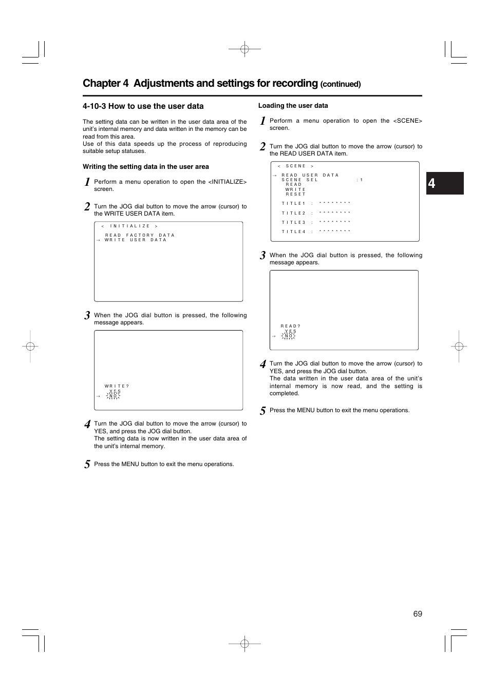 10-3 how to use the user data, Chapter 4 adjustments and settings for recording | Panasonic AJ-HDX900E User Manual | Page 69 / 134