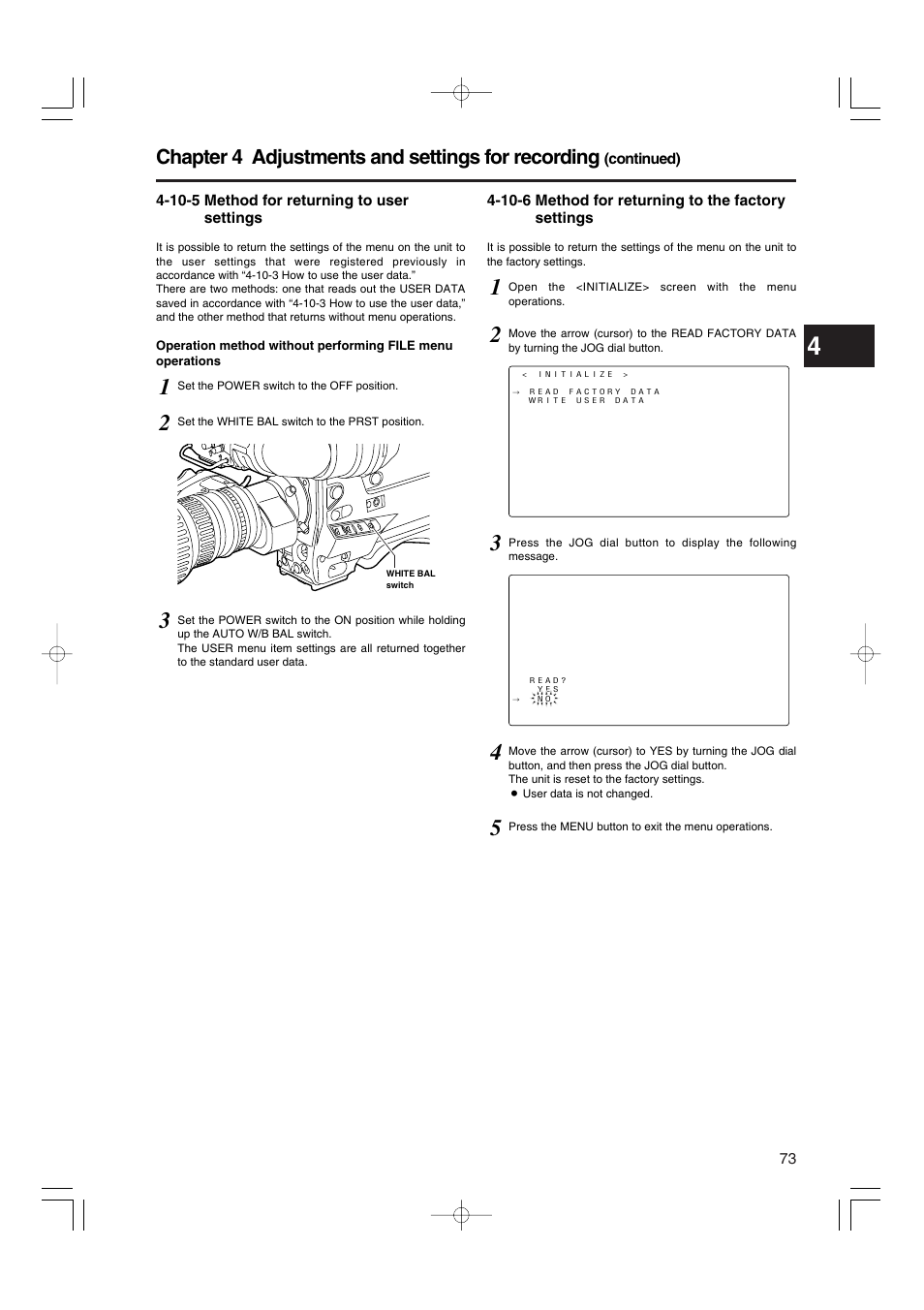 10-5 method for returning to user settings, 10-6 method for returning to the factory settings, Chapter 4 adjustments and settings for recording | Panasonic AJ-HDX900E User Manual | Page 73 / 134