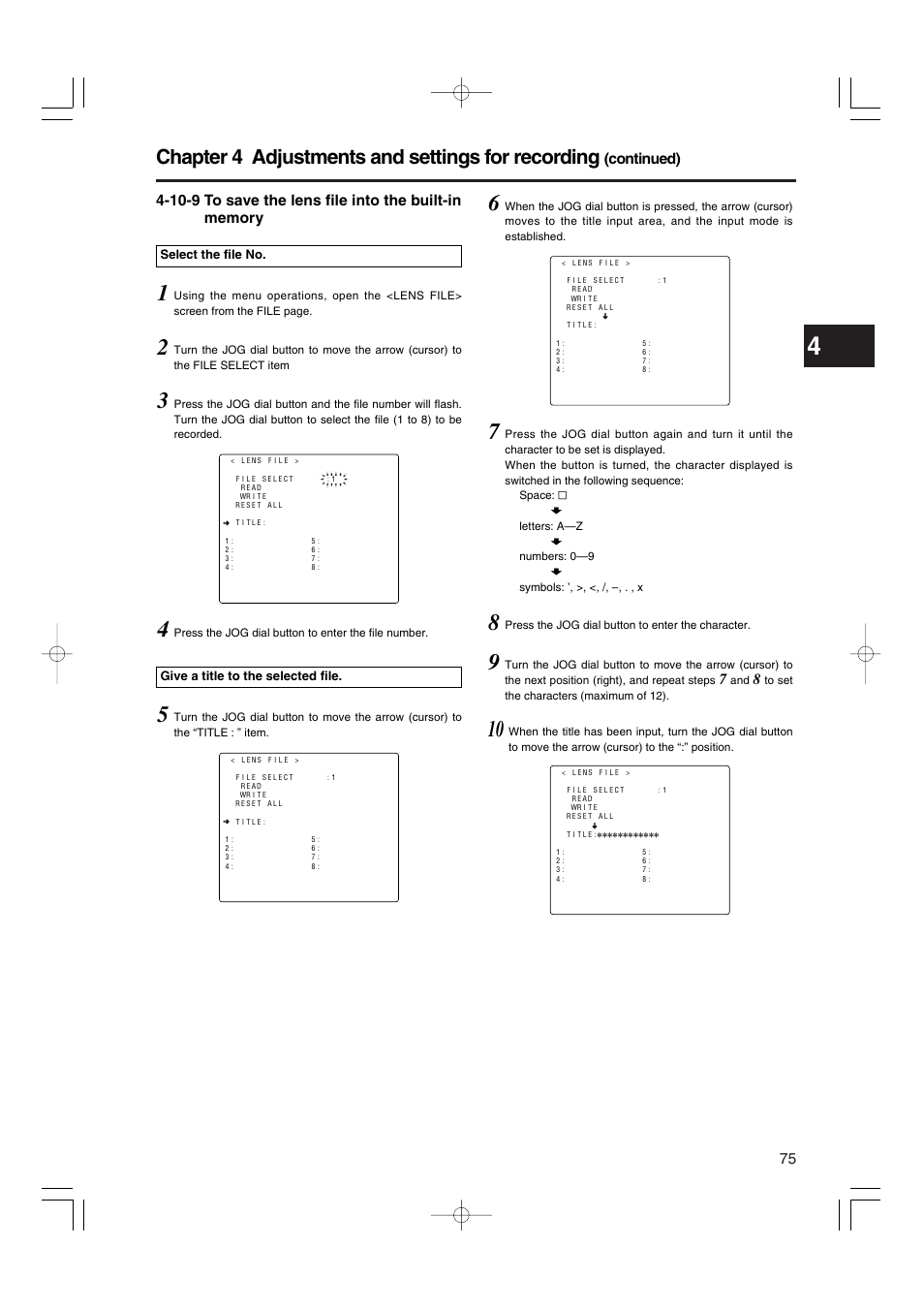 Chapter 4 adjustments and settings for recording, Continued) | Panasonic AJ-HDX900E User Manual | Page 75 / 134