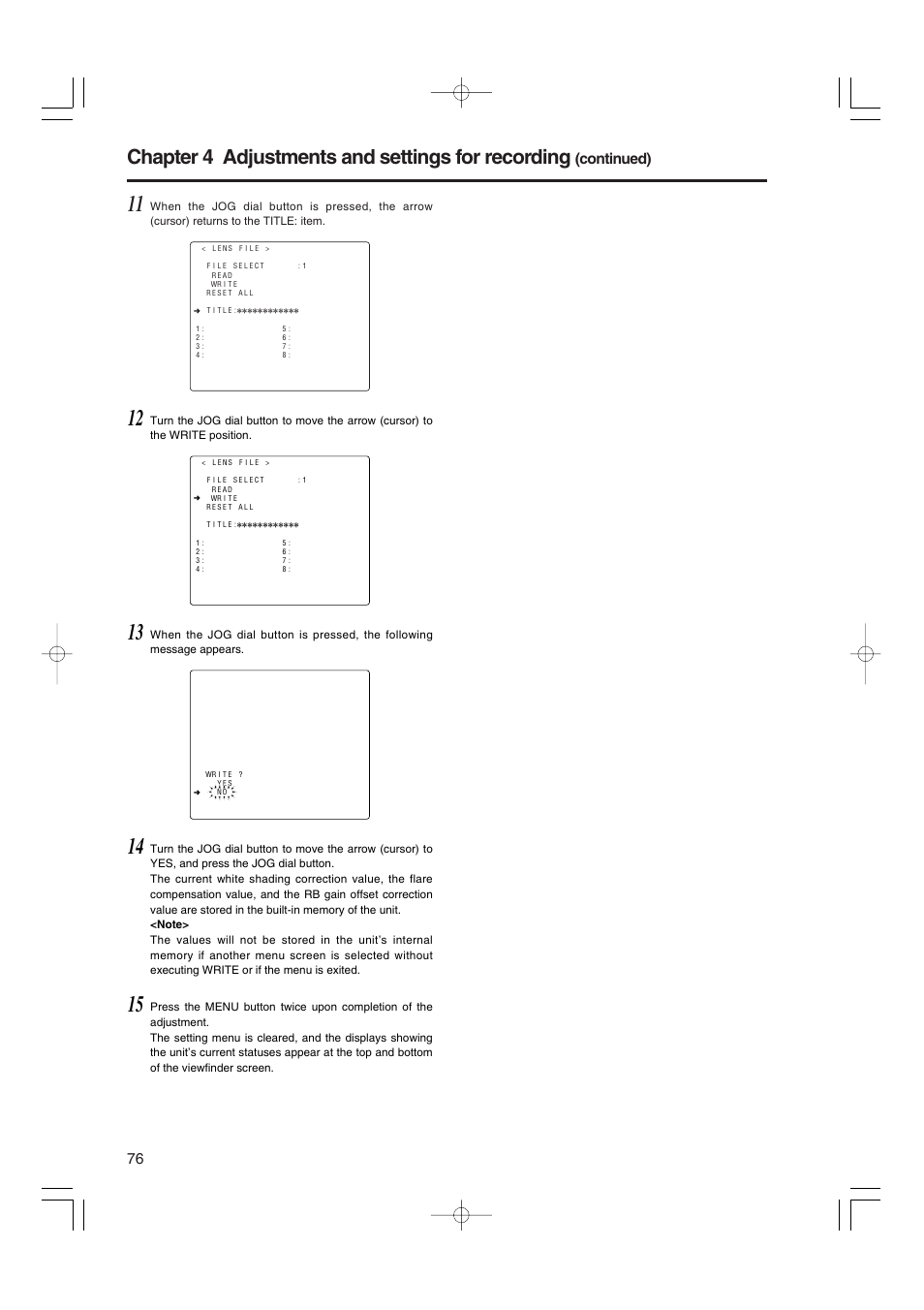 Chapter 4 adjustments and settings for recording, Continued) | Panasonic AJ-HDX900E User Manual | Page 76 / 134
