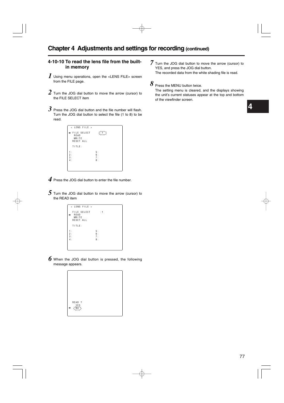 Chapter 4 adjustments and settings for recording, Continued) | Panasonic AJ-HDX900E User Manual | Page 77 / 134