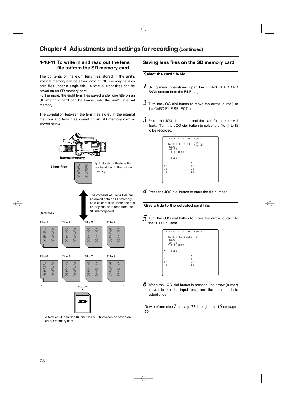 Sd memory card, Chapter 4 adjustments and settings for recording, Continued) | Panasonic AJ-HDX900E User Manual | Page 78 / 134