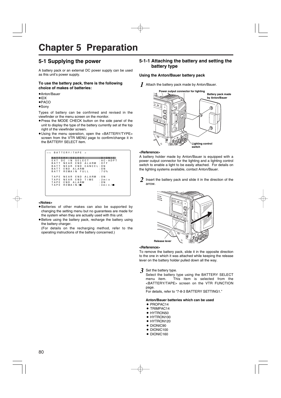 Chapter 5 preparation, 1 supplying the power, Attaching the battery and setting the battery type | Panasonic AJ-HDX900E User Manual | Page 80 / 134