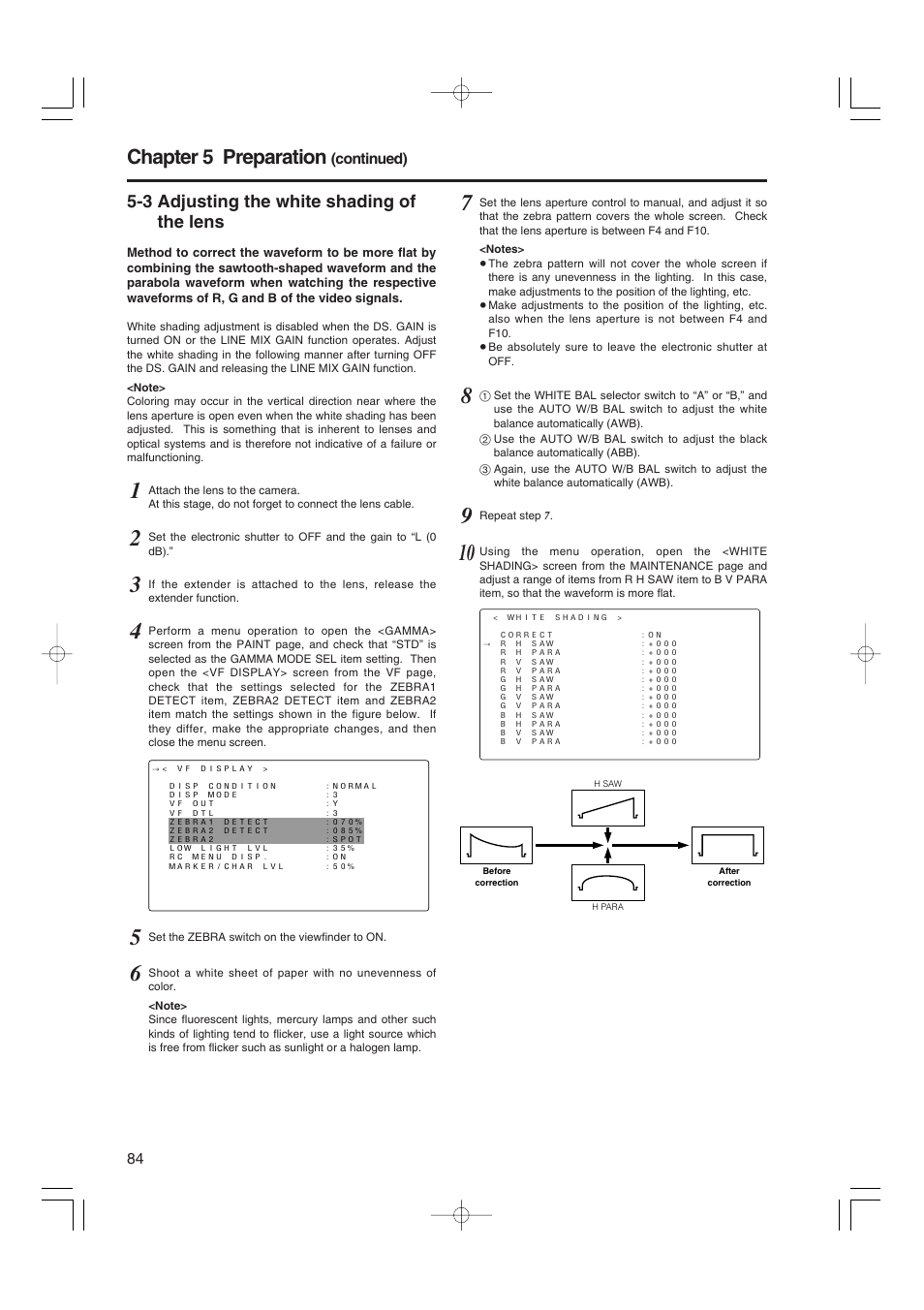 3 adjusting the white shading of the lens, Chapter 5 preparation | Panasonic AJ-HDX900E User Manual | Page 84 / 134