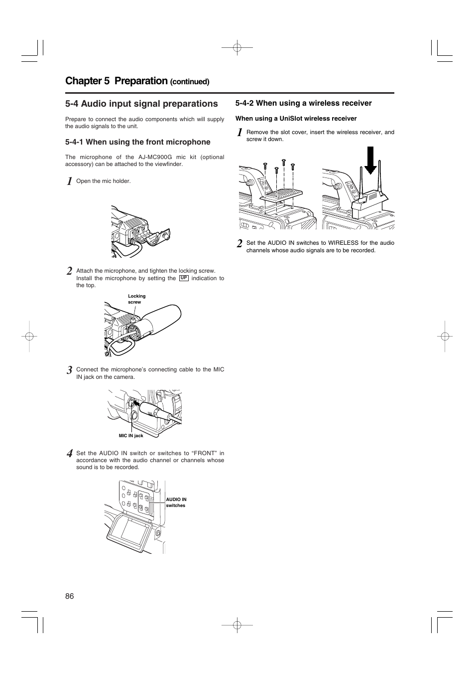 4 audio input signal preparations, 4-1 when using the front microphone, 4-2 when using a wireless receiver | When using the front microphone, When using a wireless receiver, Chapter 5 preparation | Panasonic AJ-HDX900E User Manual | Page 86 / 134