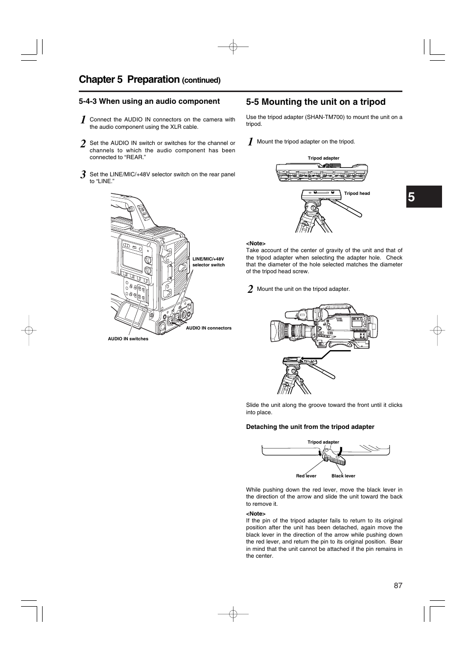 4-3 when using an audio component, 5 mounting the unit on a tripod, When using an audio component | Chapter 5 preparation | Panasonic AJ-HDX900E User Manual | Page 87 / 134
