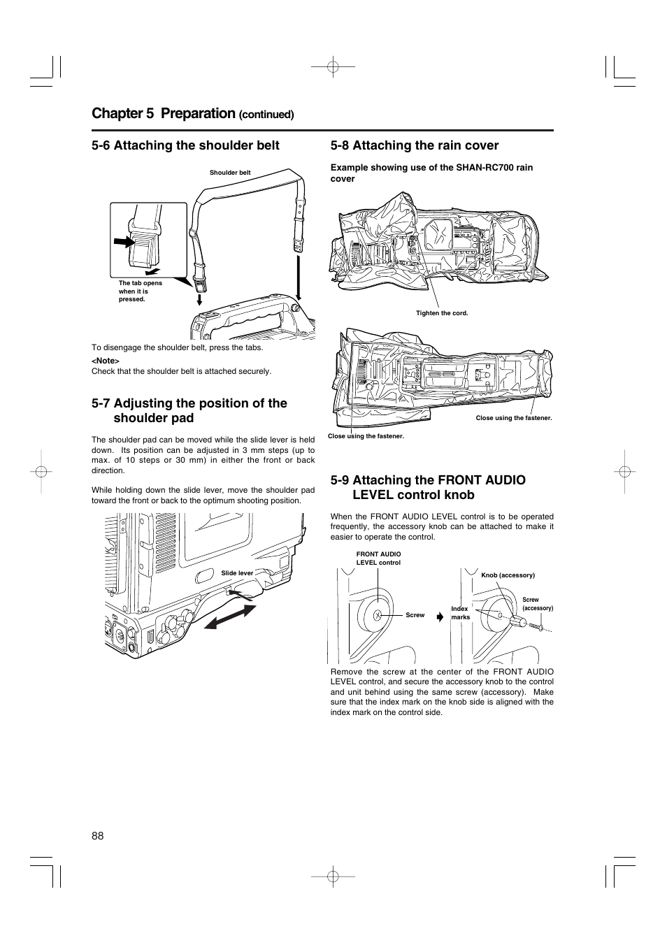 6 attaching the shoulder belt, 7 adjusting the position of the shoulder pad, 8 attaching the rain cover | 9 attaching the front audio level control knob, Shoulder pad, Control knob, Chapter 5 preparation | Panasonic AJ-HDX900E User Manual | Page 88 / 134