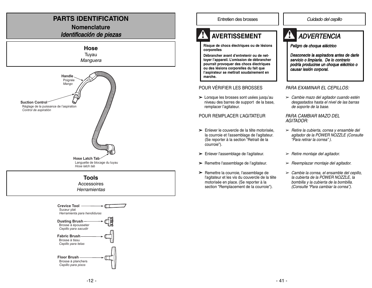 Aad dv ve er rt te en nc ciia a, Avertissement, Parts identification | Panasonic MC-V9634 User Manual | Page 12 / 52