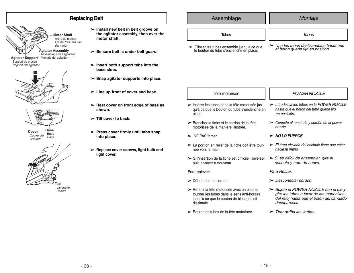 Montaje assemblage, Replacing belt | Panasonic MC-V9634 User Manual | Page 15 / 52