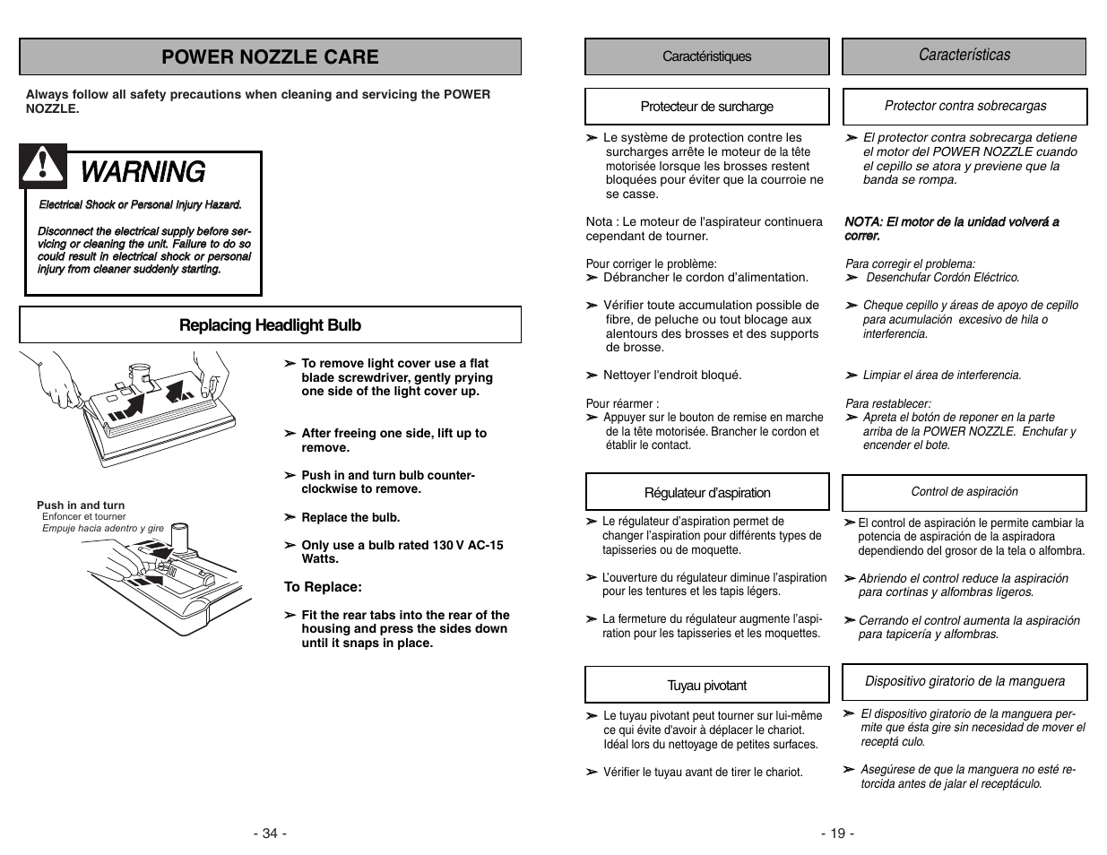 Wwa ar rn niin ng g, Power nozzle care, Replacing headlight bulb | Características | Panasonic MC-V9634 User Manual | Page 19 / 52