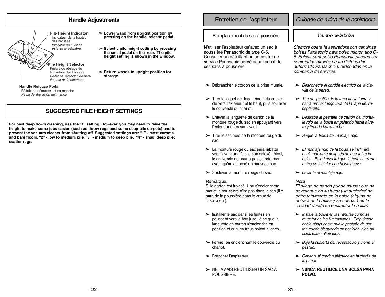 Handle adjustments, Suggested pile height settings, Handle adjustments suggested pile height settings | Panasonic MC-V9634 User Manual | Page 22 / 52