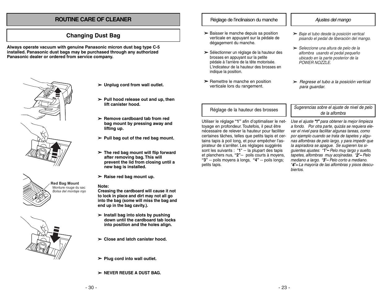 Routine care of cleaner changing dust bag | Panasonic MC-V9634 User Manual | Page 23 / 52