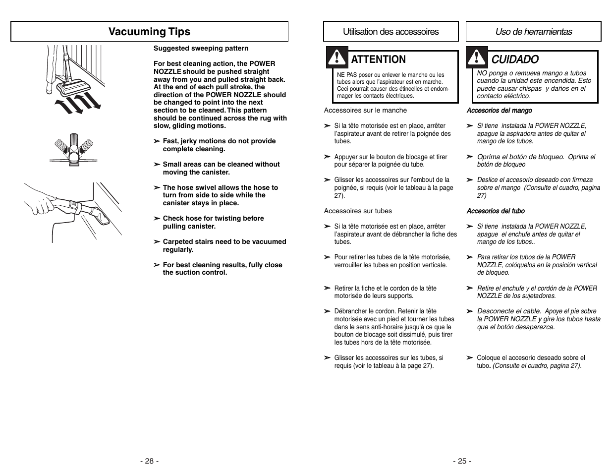 Ccu uiid da ad do o, Attention, Vacuuming tips | Panasonic MC-V9634 User Manual | Page 25 / 52