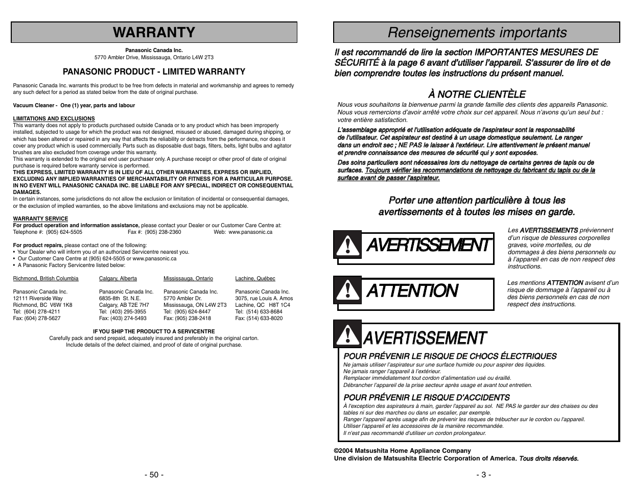 Aat tt te en nt tiio on n, Aav ve er rt tiis ss se em me en nt t, Renseignements importants | Warranty | Panasonic MC-V9634 User Manual | Page 3 / 52