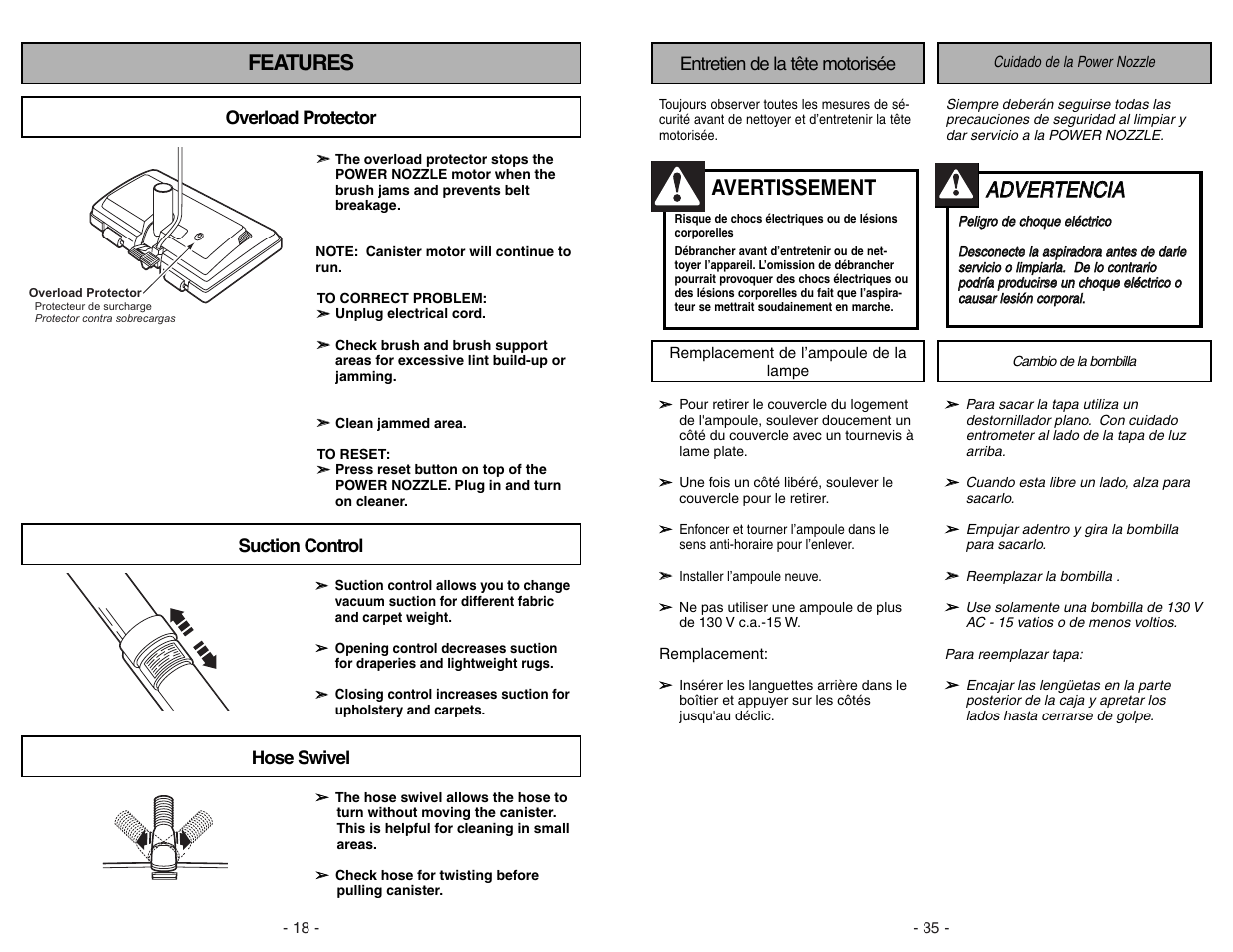 Aad dv ve er rt te en nc ciia a, Features, Avertissement | Panasonic MC-V9634 User Manual | Page 35 / 52