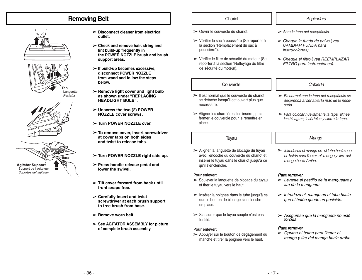 Removing belt | Panasonic MC-V9634 User Manual | Page 36 / 52