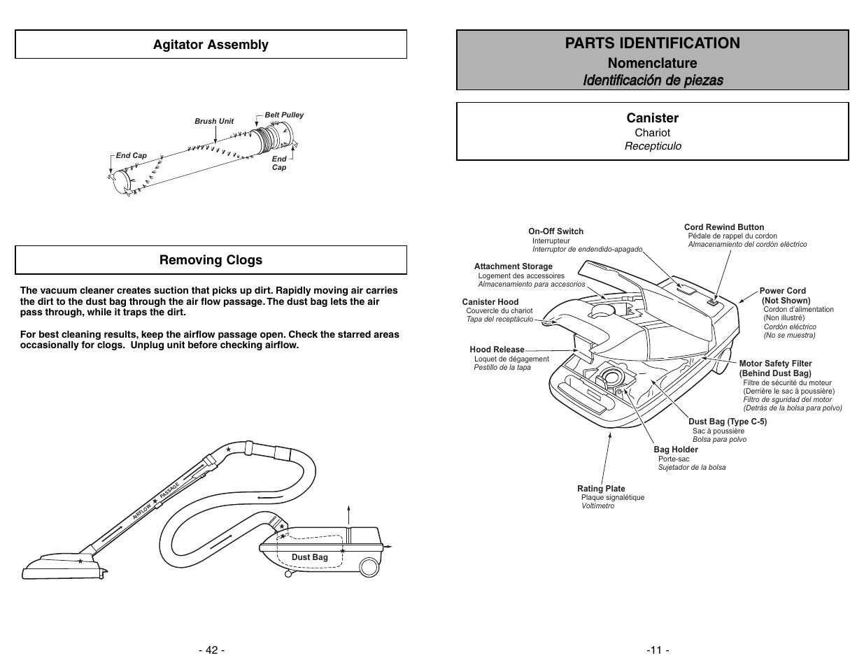 Agitator assembly, Removing clogs, Parts identification | Agitator assembly canister | Panasonic MC-V9634 User Manual | Page 42 / 52