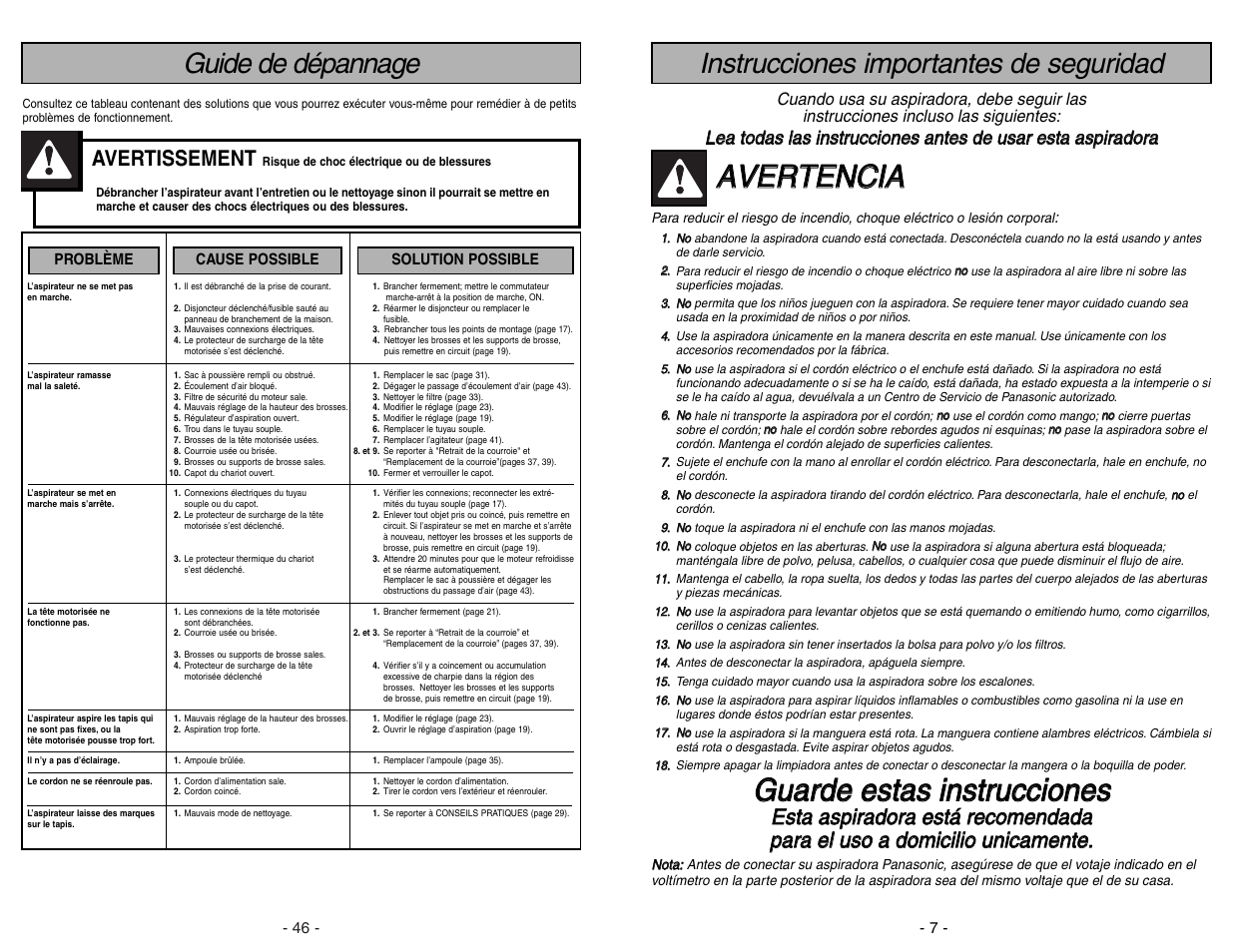 Aav ve er rt te en nc ciia a, Avertissement | Panasonic MC-V9634 User Manual | Page 46 / 52