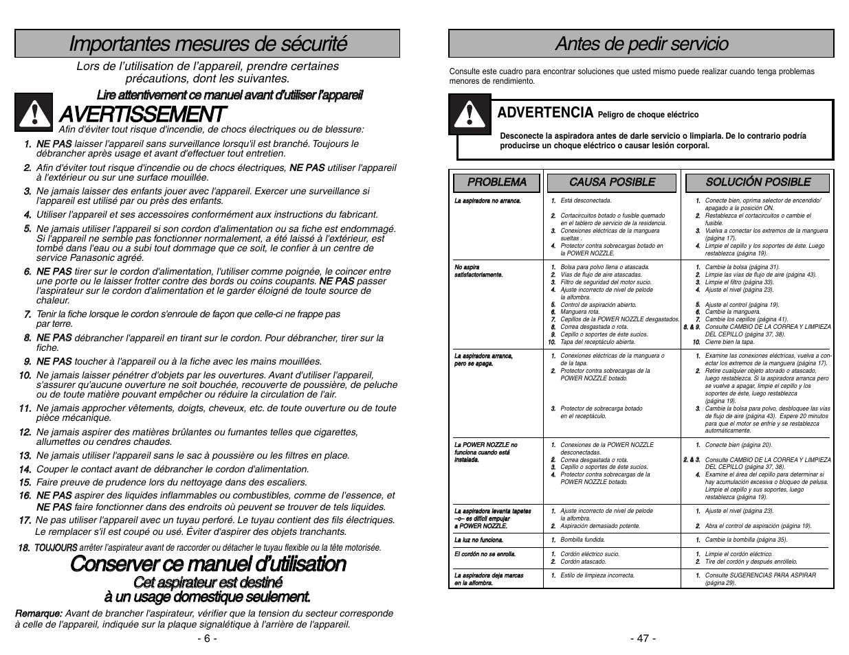 Importantes mesures de sécurité, Aav ve er rt tiis ss se em me en nt t, Antes de pedir servicio | Advertencia | Panasonic MC-V9634 User Manual | Page 47 / 52